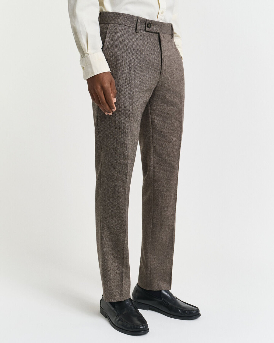 pantaloni da abito slim fit in flanella a spina di pesce - marrone scuro
