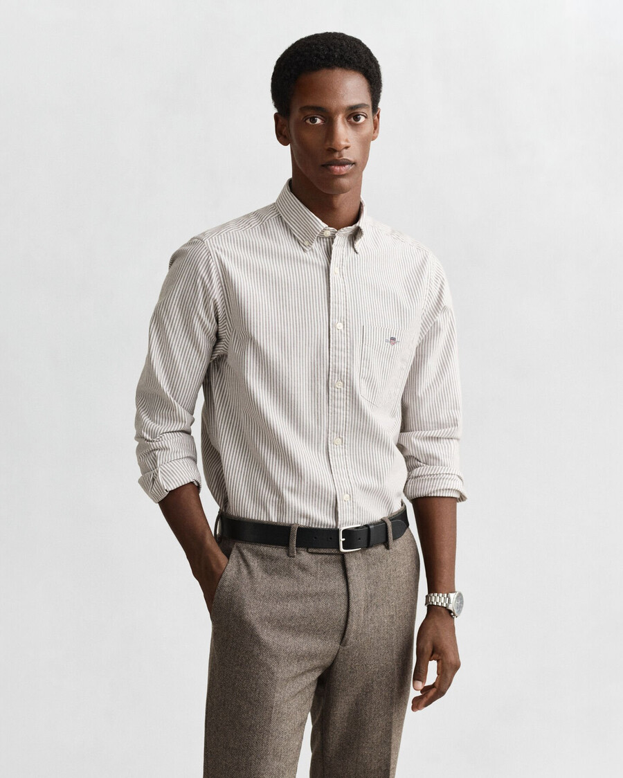 camicia oxford classica a righe banker vestibilità regolare - marrone mogano