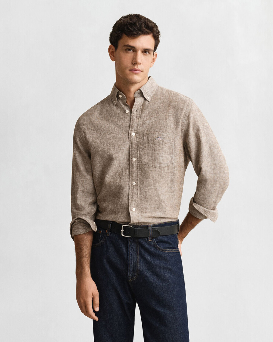 camicia in cotone e lino vestibilità regolare - marrone mogano