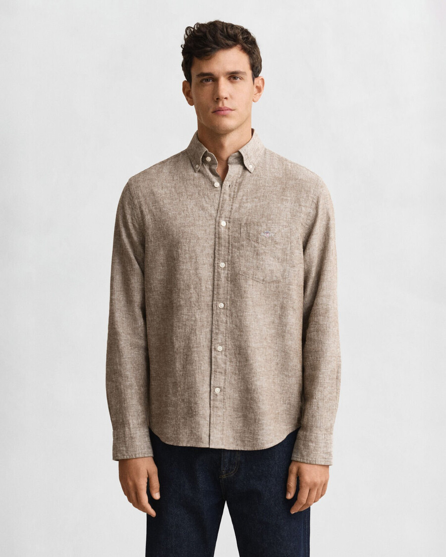 camicia in cotone e lino vestibilità regolare - marrone mogano