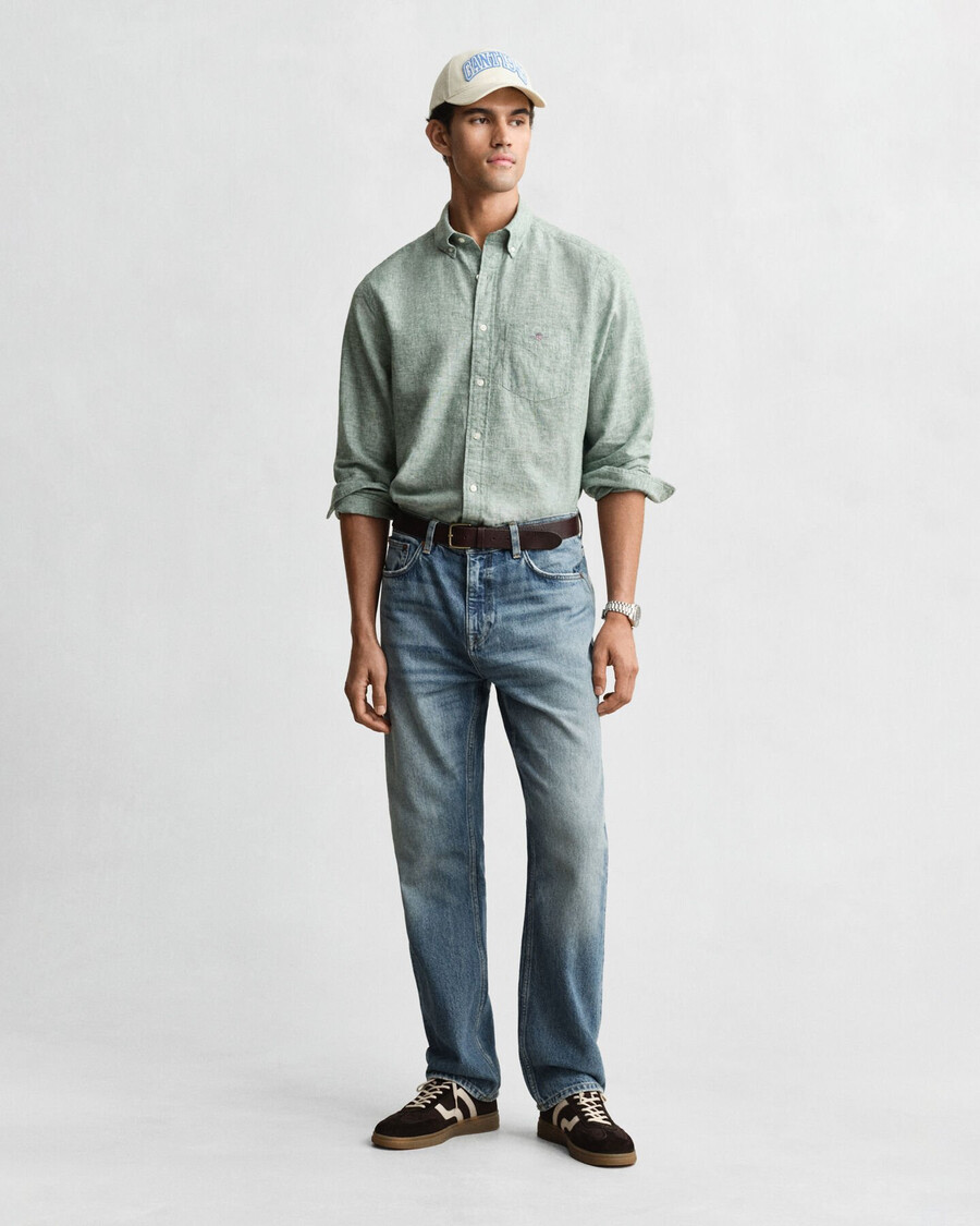 camicia in cotone e lino vestibilità regolare - verde bosco