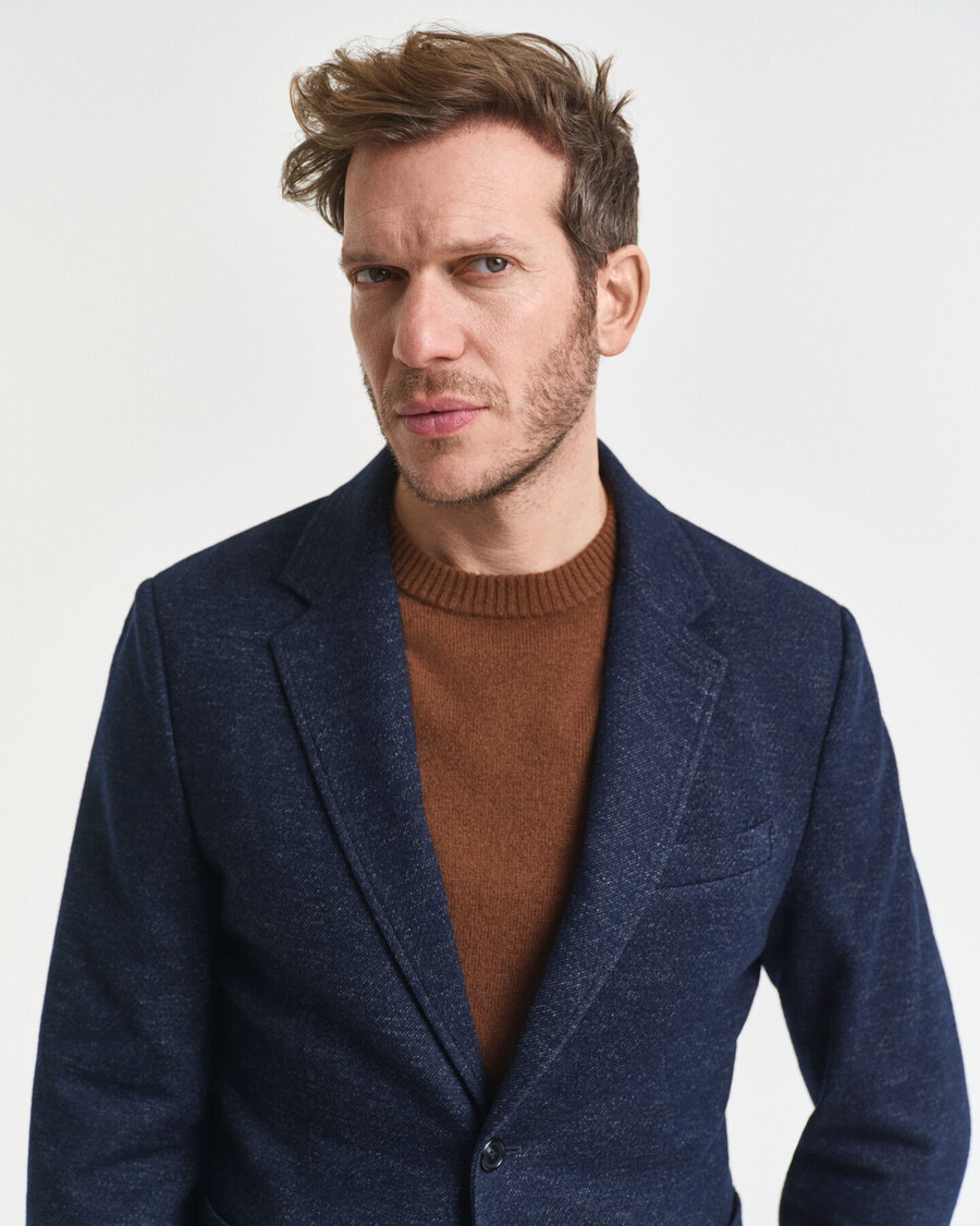 blazer in jersey di lana e cotone bicolore - blu sera