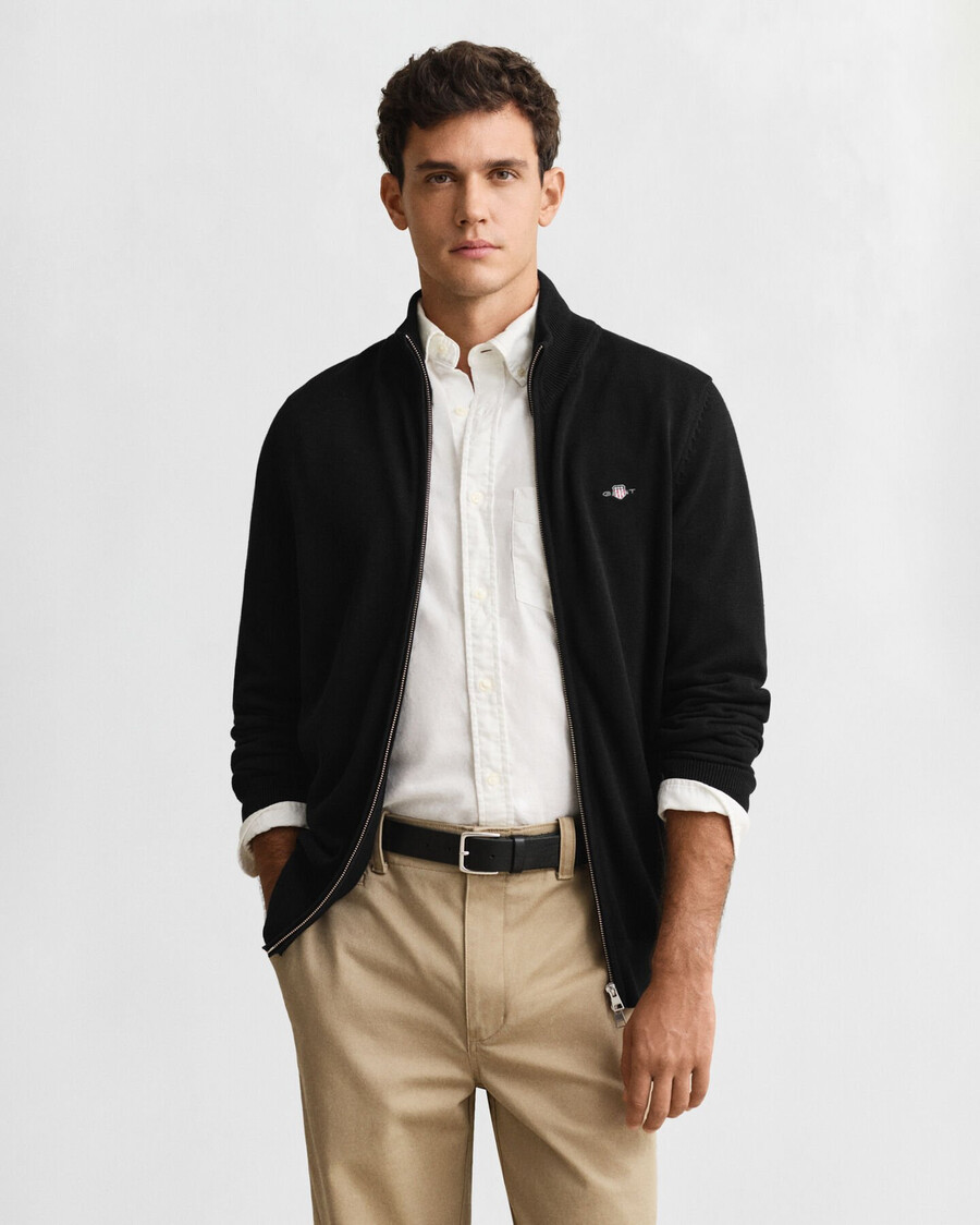 cardigan casual in cotone con cerniera - nero