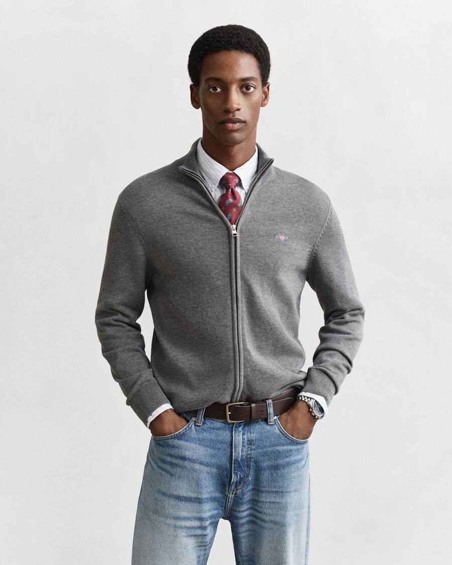 cardigan casual in cotone con cerniera - grigio scuro melange