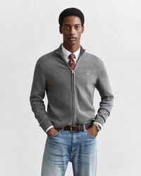 cardigan casual in cotone con cerniera - grigio scuro melange