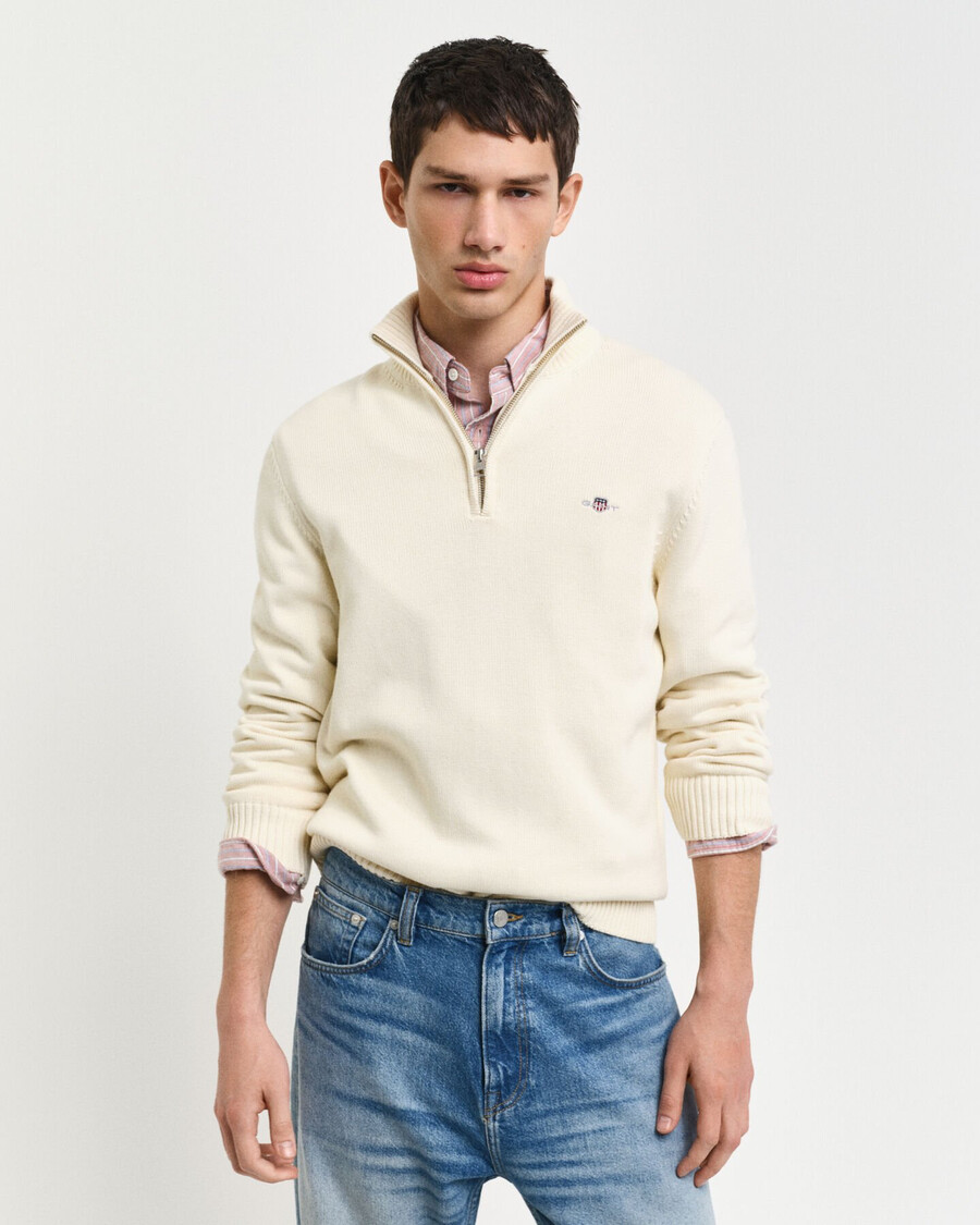 maglione casual in cotone con mezza zip - crema