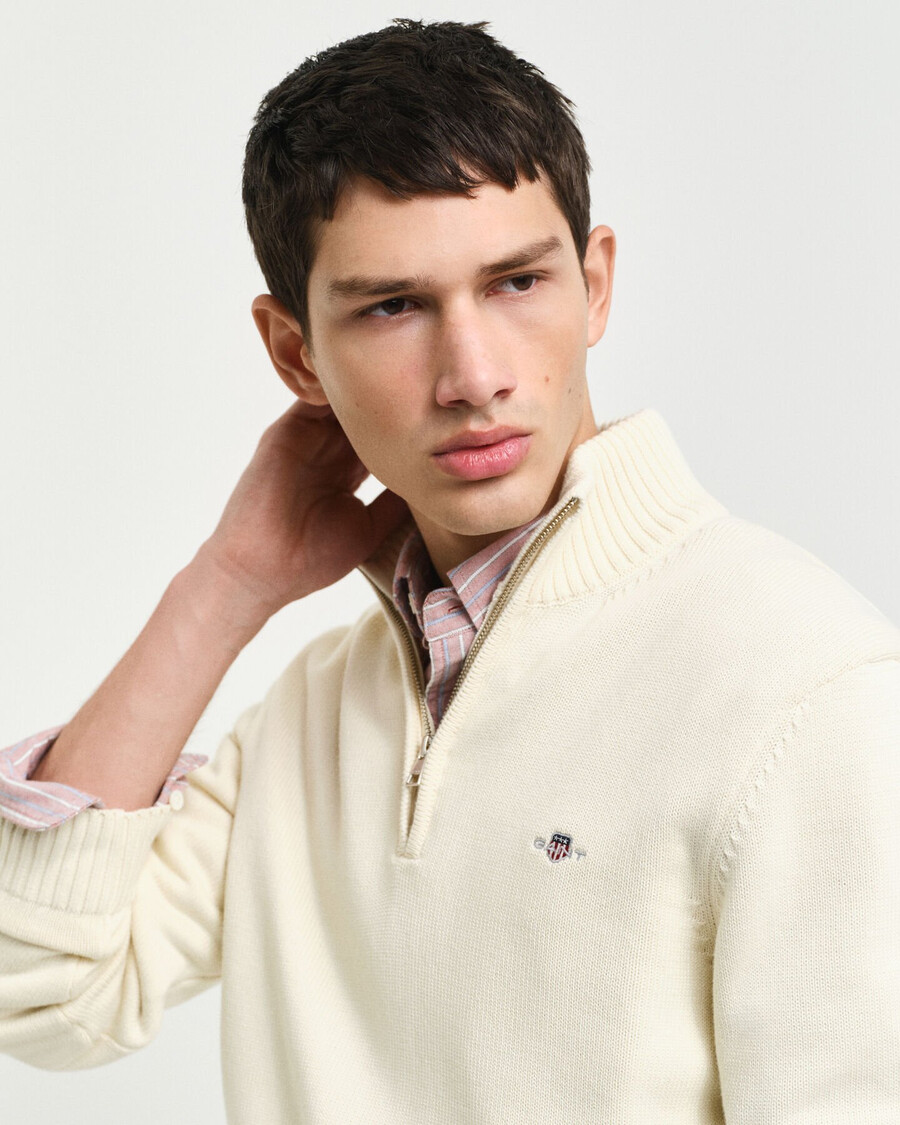 maglione casual in cotone con mezza zip - crema