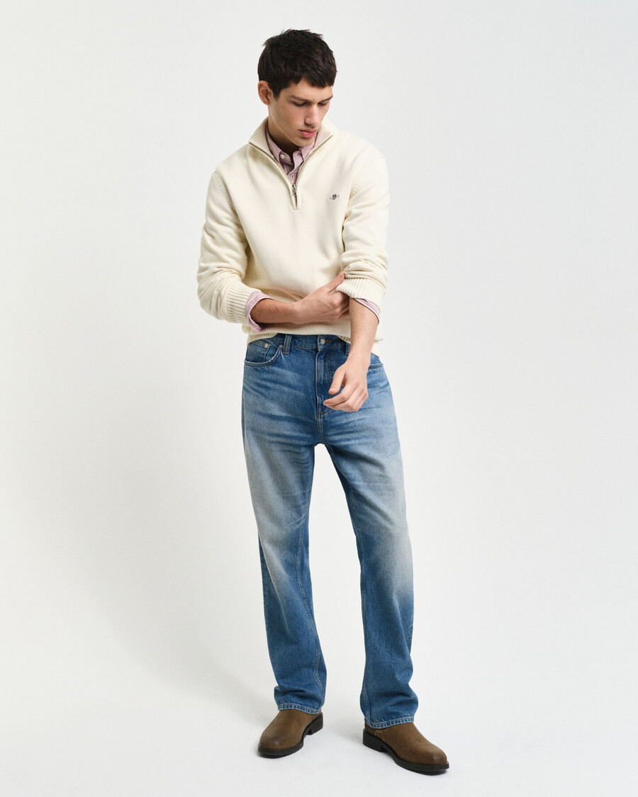 maglione casual in cotone con mezza zip - crema