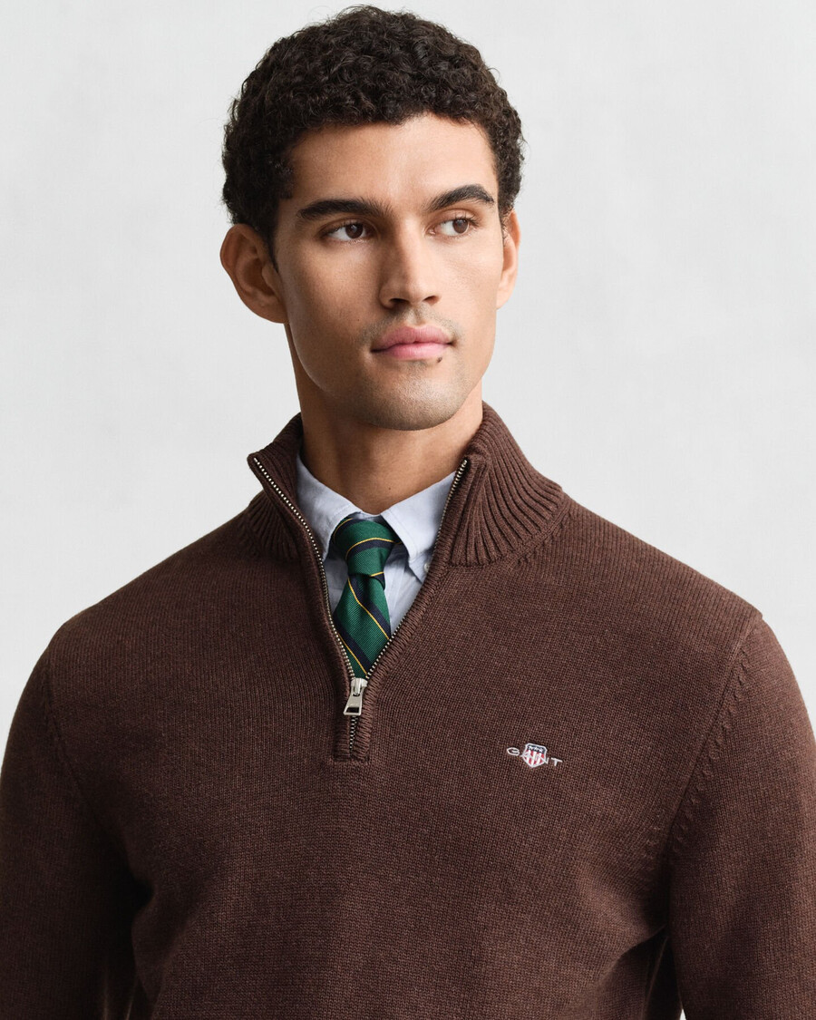 maglione casual in cotone con mezza zip - marrone melange