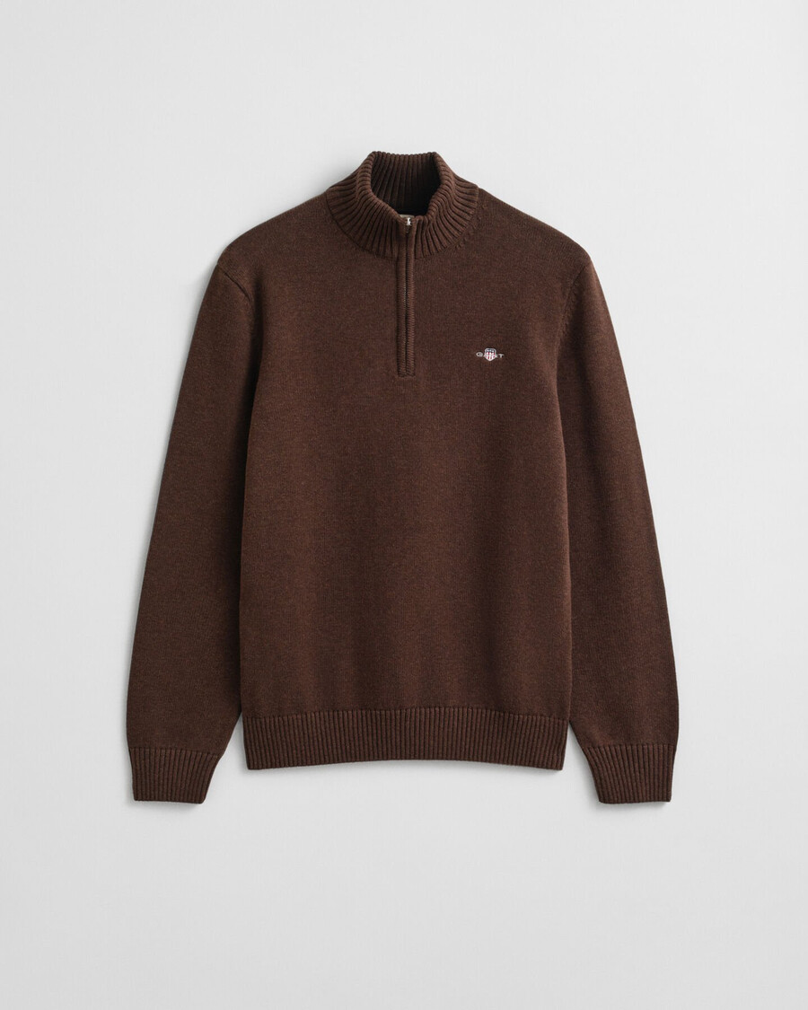 maglione casual in cotone con mezza zip - marrone melange