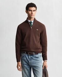 maglione casual in cotone con mezza zip - marrone melange