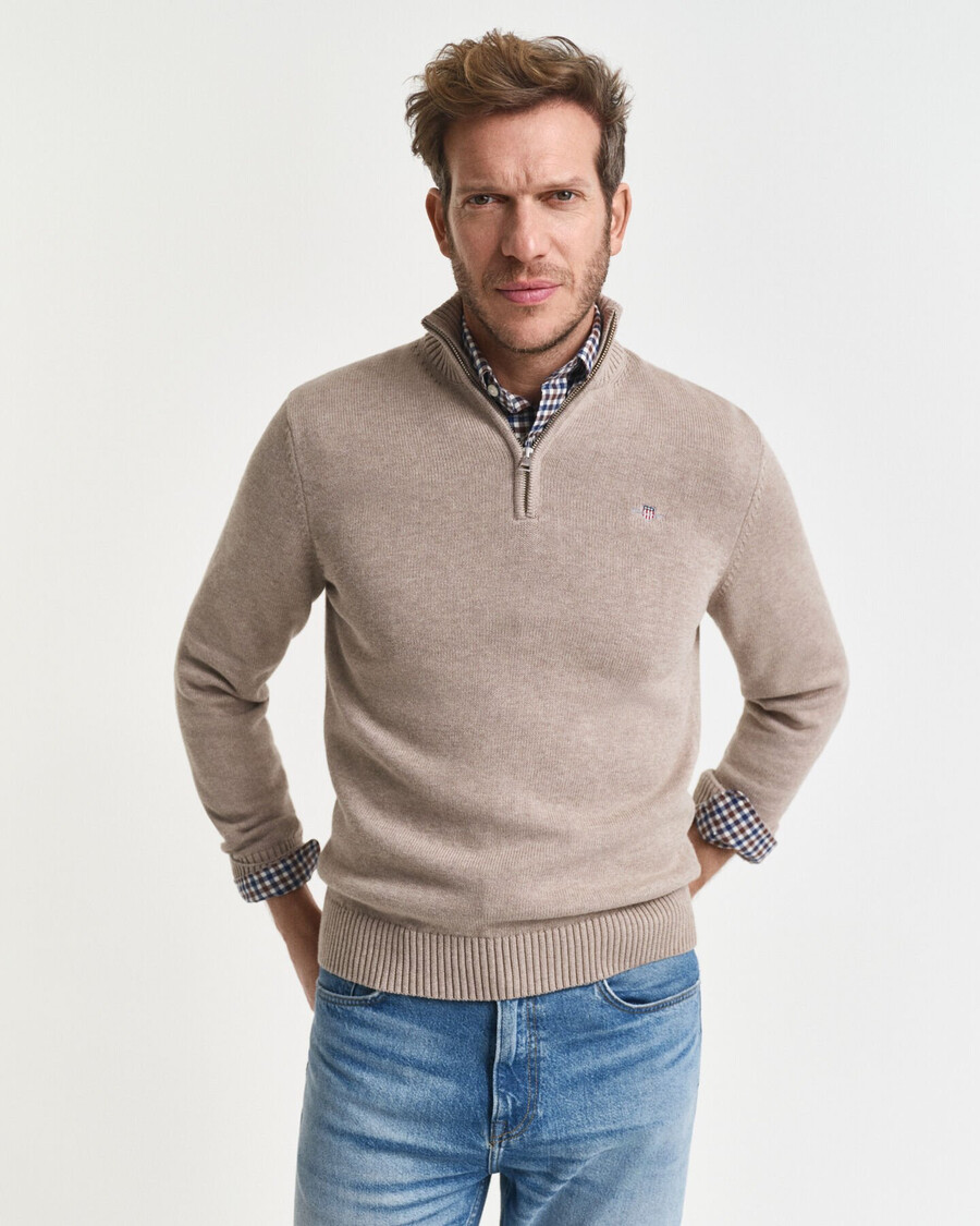 maglione casual in cotone con mezza zip - melange sabbia scura