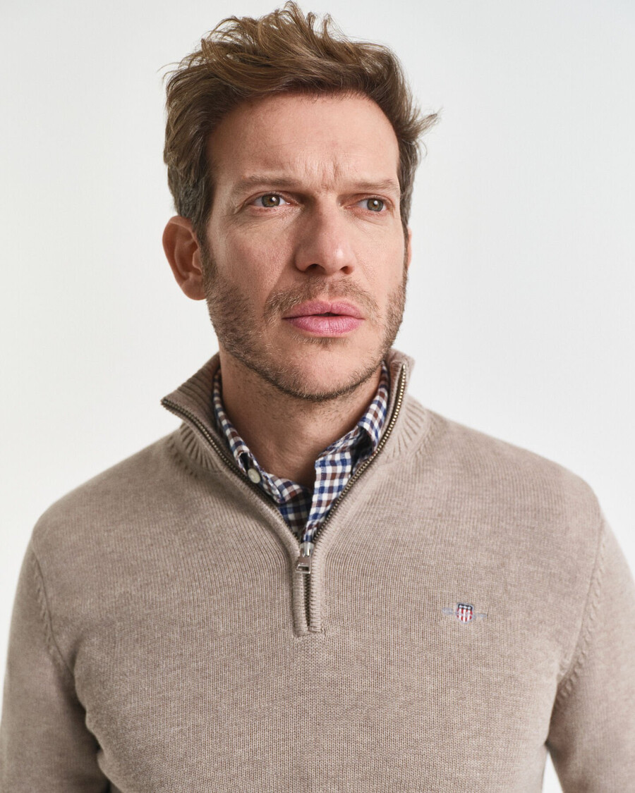 maglione casual in cotone con mezza zip - melange sabbia scura