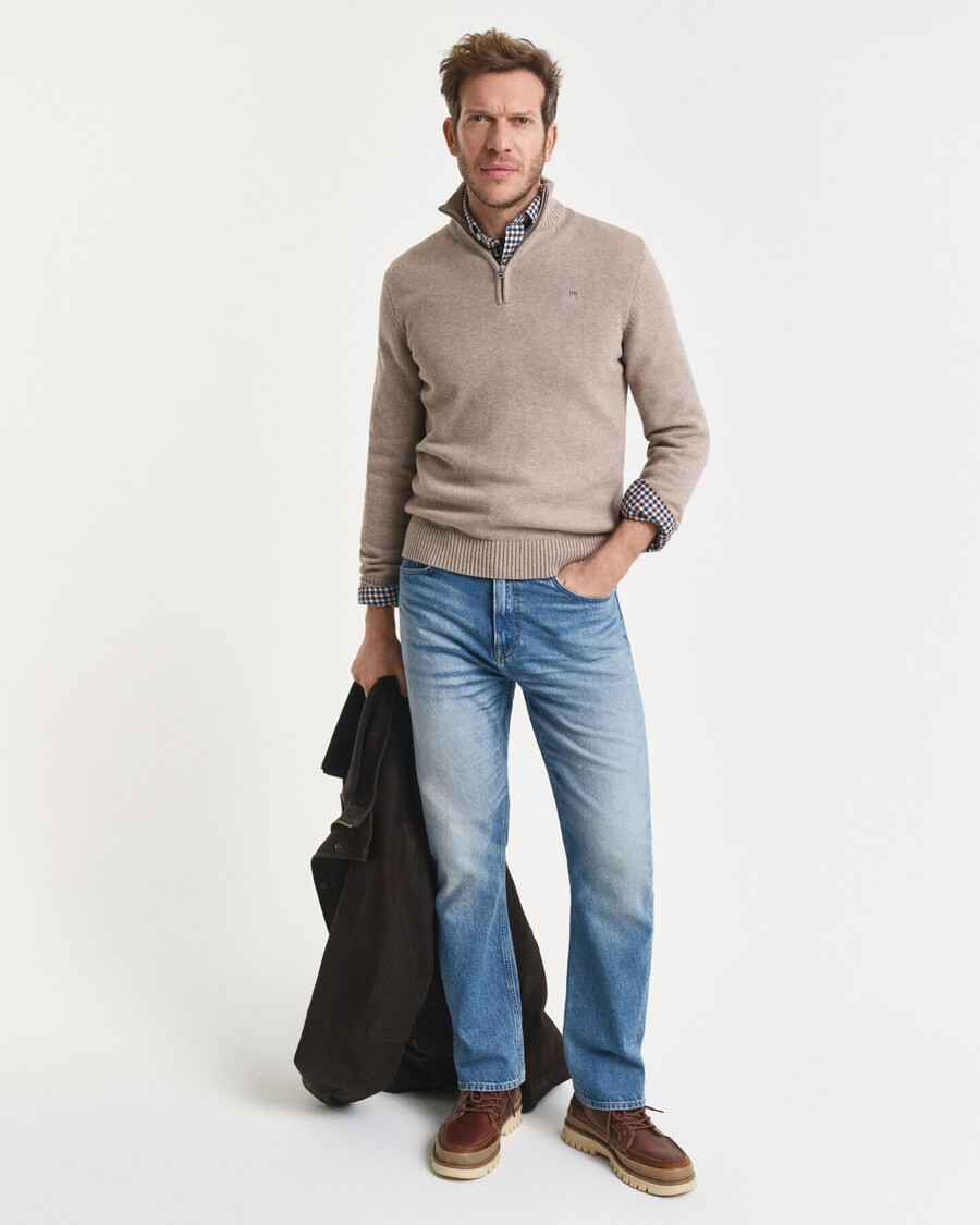 maglione casual in cotone con mezza zip - melange sabbia scura