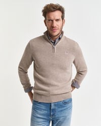 maglione casual in cotone con mezza zip - melange sabbia scura