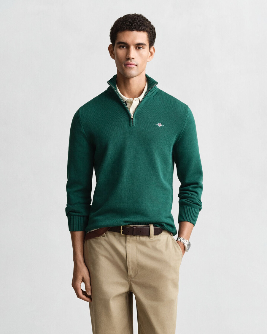 maglione casual in cotone con mezza zip - verde foresta intenso