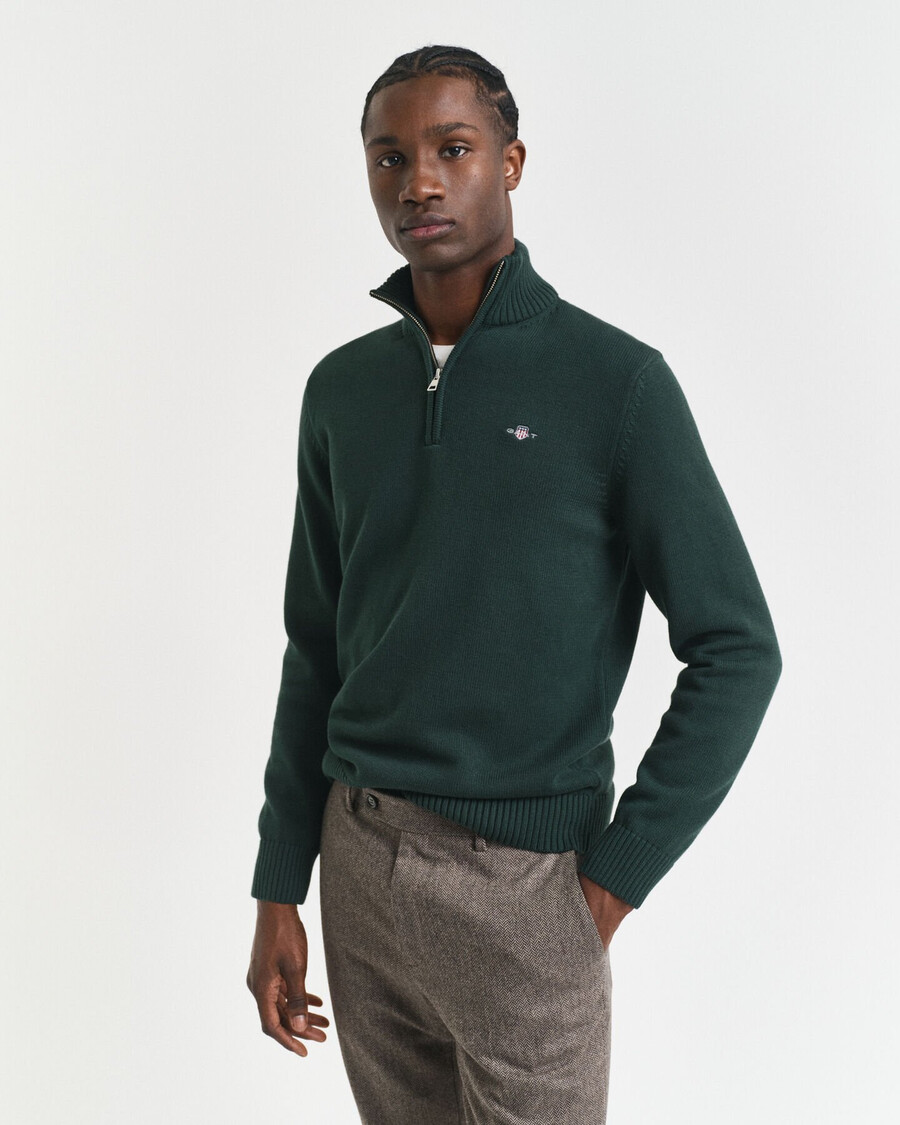 maglione casual in cotone con mezza zip - verde tartan