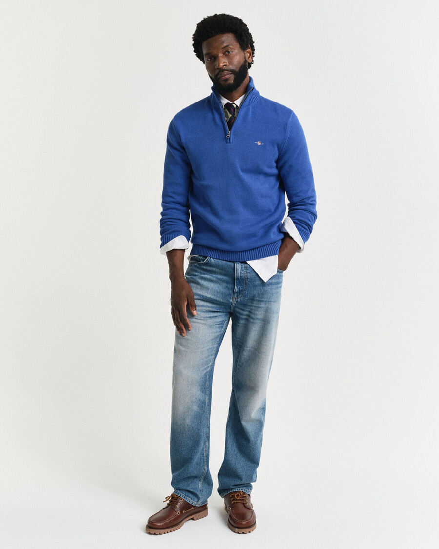 maglione casual in cotone con mezza cerniera - blu intenso