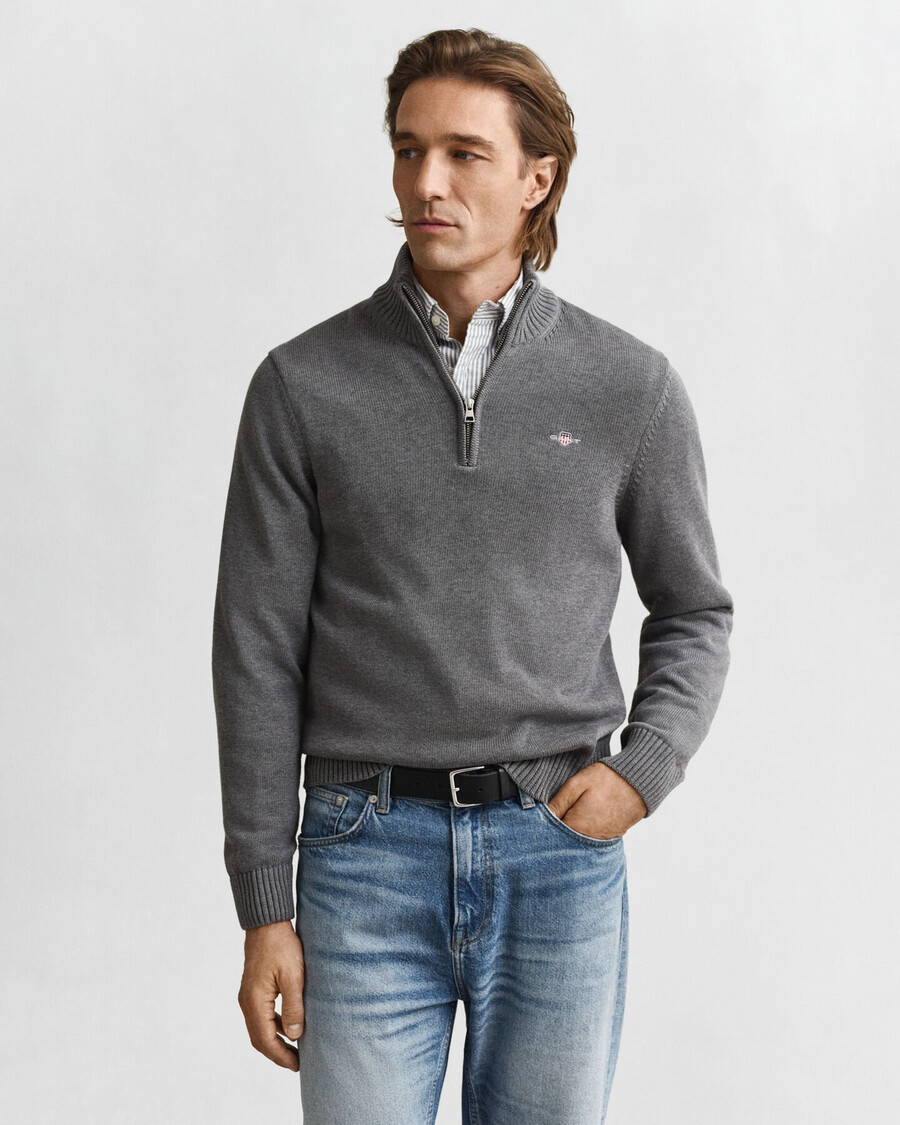 maglione casual in cotone con mezza zip - grigio scuro melange