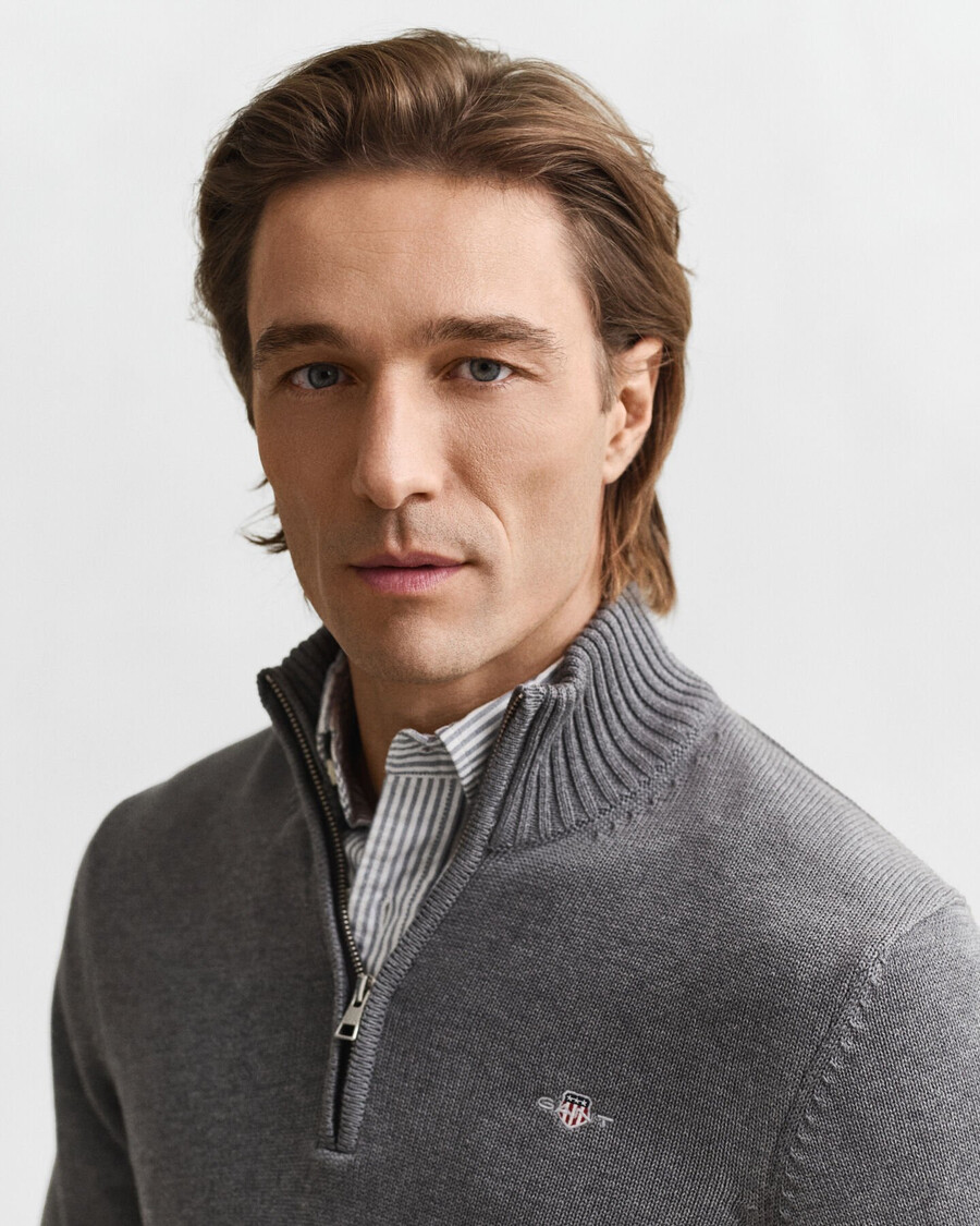 maglione casual in cotone con mezza zip - grigio scuro melange