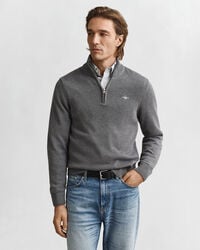maglione casual in cotone con mezza zip - grigio scuro melange
