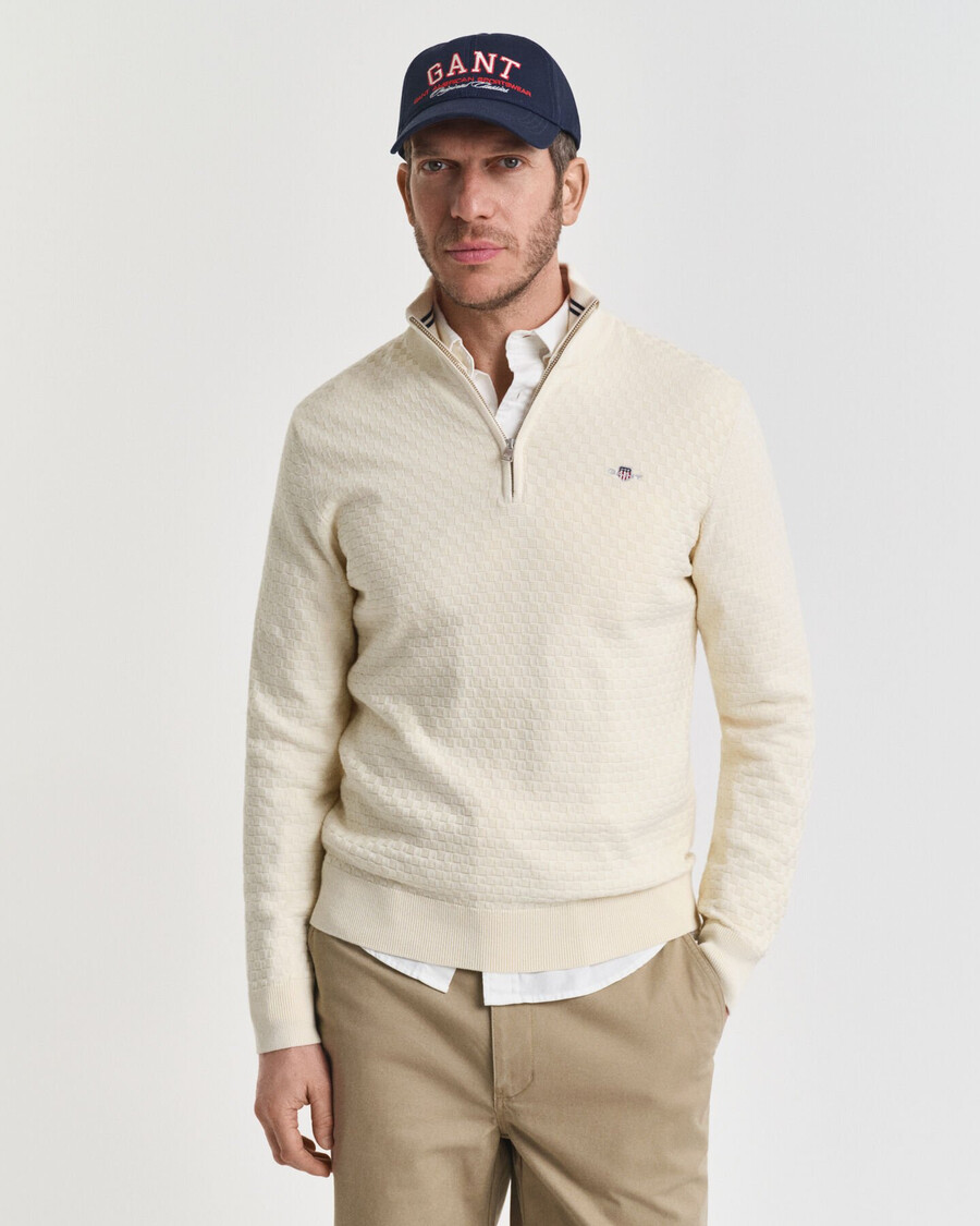 maglione con mezza zip micro testurizzata - crema