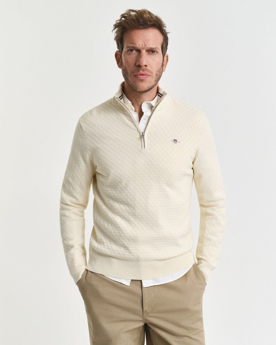 maglione con mezza zip micro testurizzata - crema