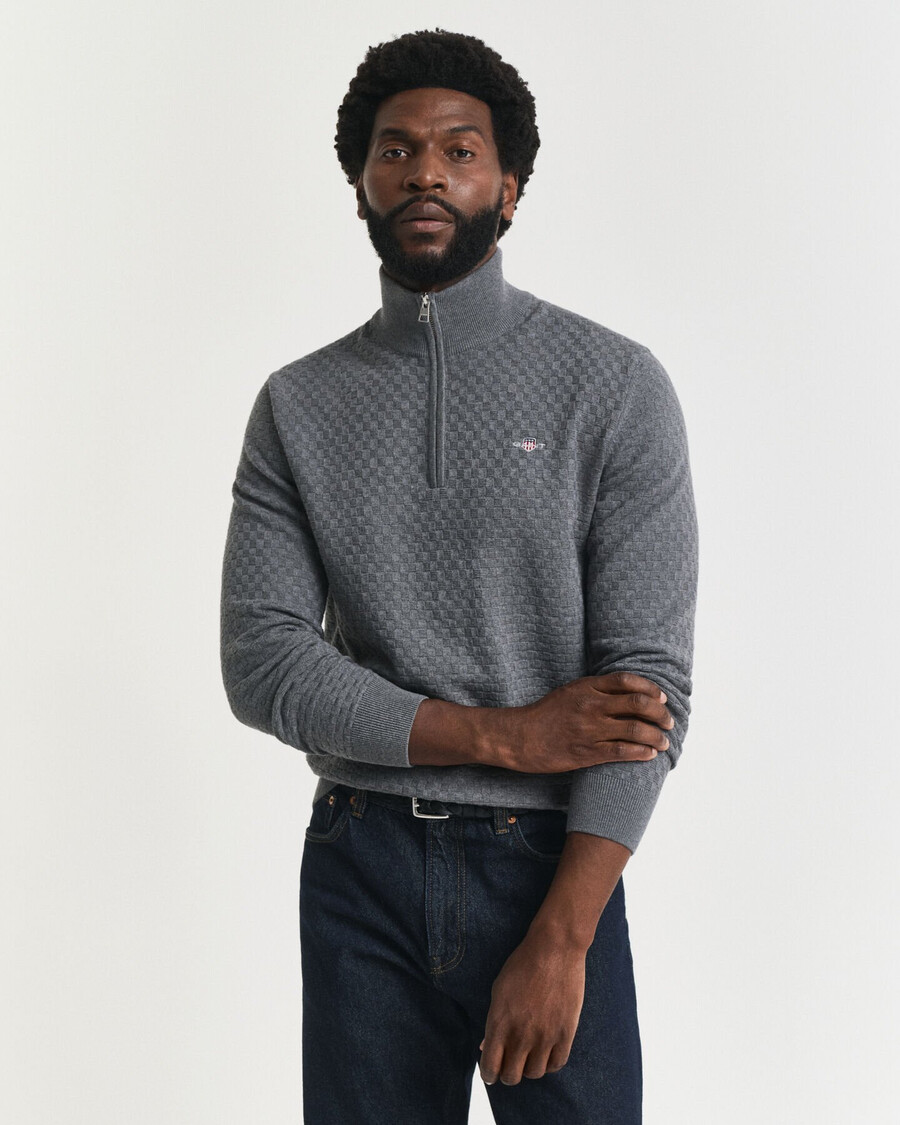 maglione con mezza zip micro testurizzata - grigio scuro mélange