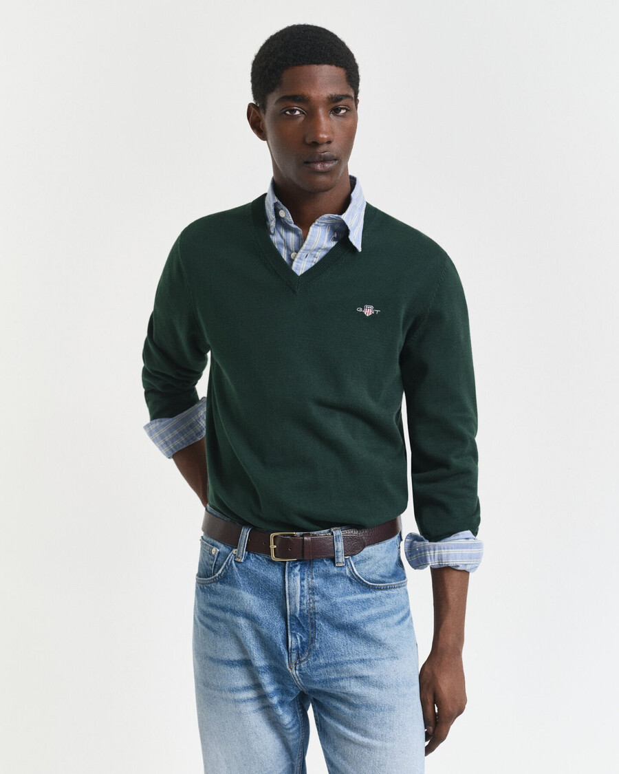 maglione classico in cotone con scollo a v - verde tartan