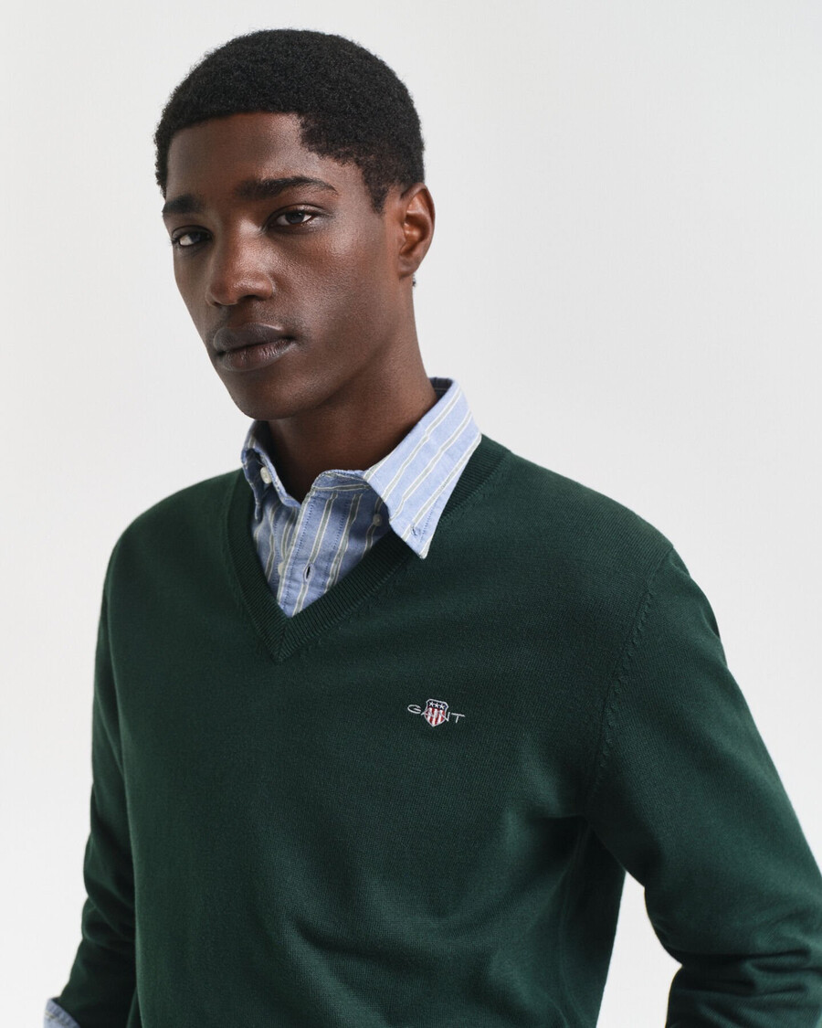 maglione classico in cotone con scollo a v - verde tartan