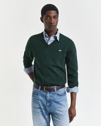 maglione classico in cotone con scollo a v - verde tartan