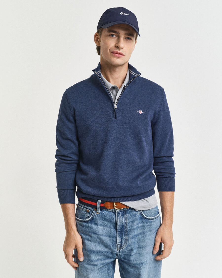 maglione classico in cotone con mezza zip - dk jeansblue melange
