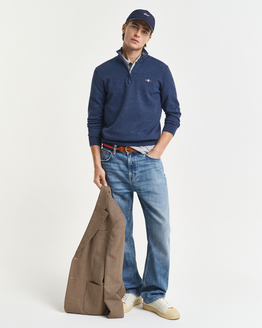 maglione classico in cotone con mezza zip - dk jeansblue melange