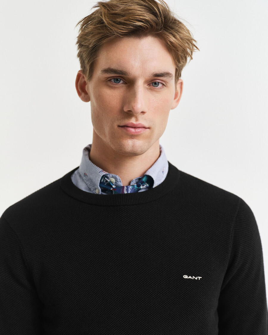 maglione girocollo in piqué di cotone - nero