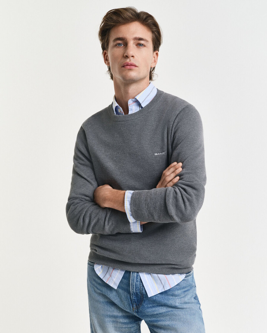 maglione girocollo in piqué di cotone - grigio scuro melange