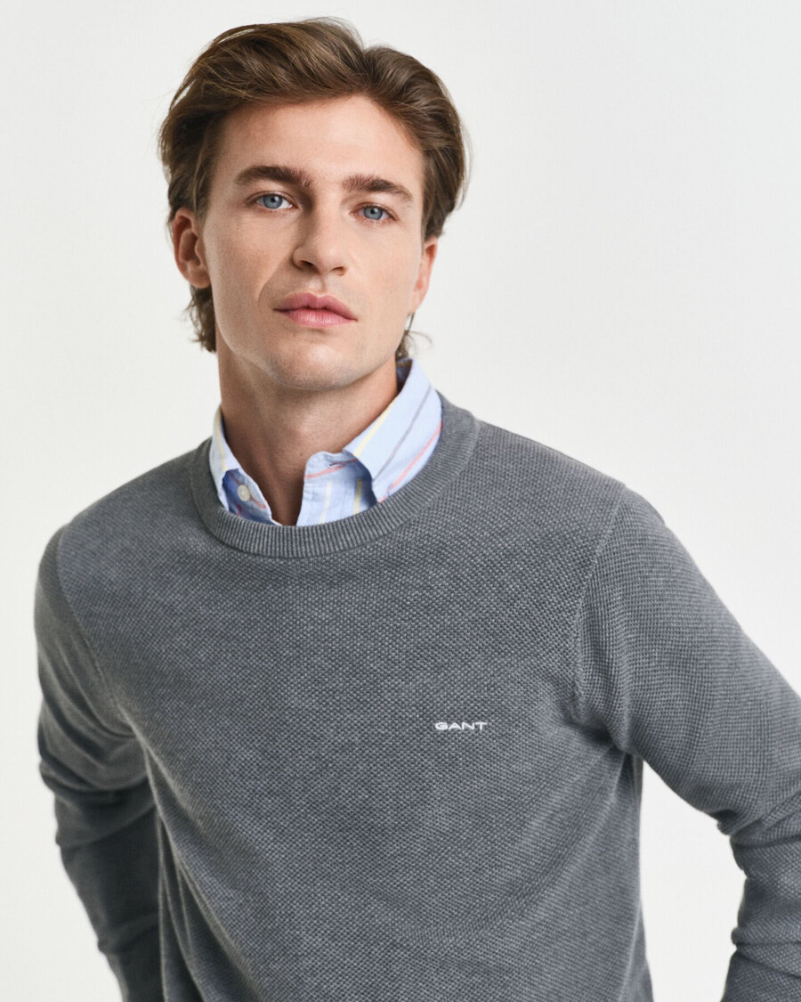 maglione girocollo in piqué di cotone - grigio scuro melange