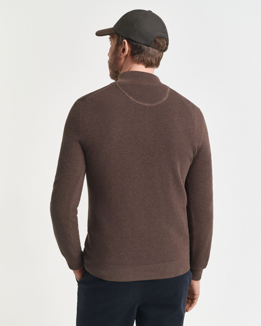 maglione in piqué di cotone con mezza zip - marrone melange