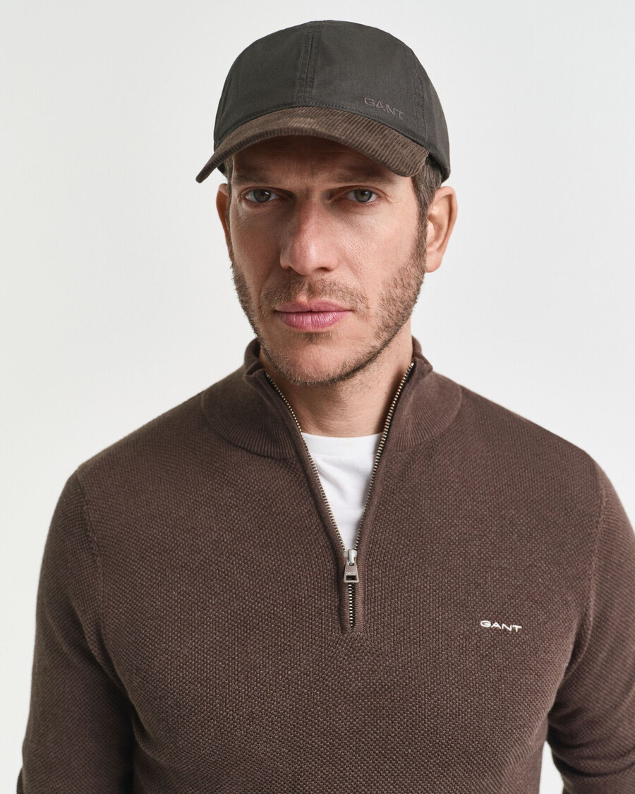 maglione in piqué di cotone con mezza zip - marrone melange