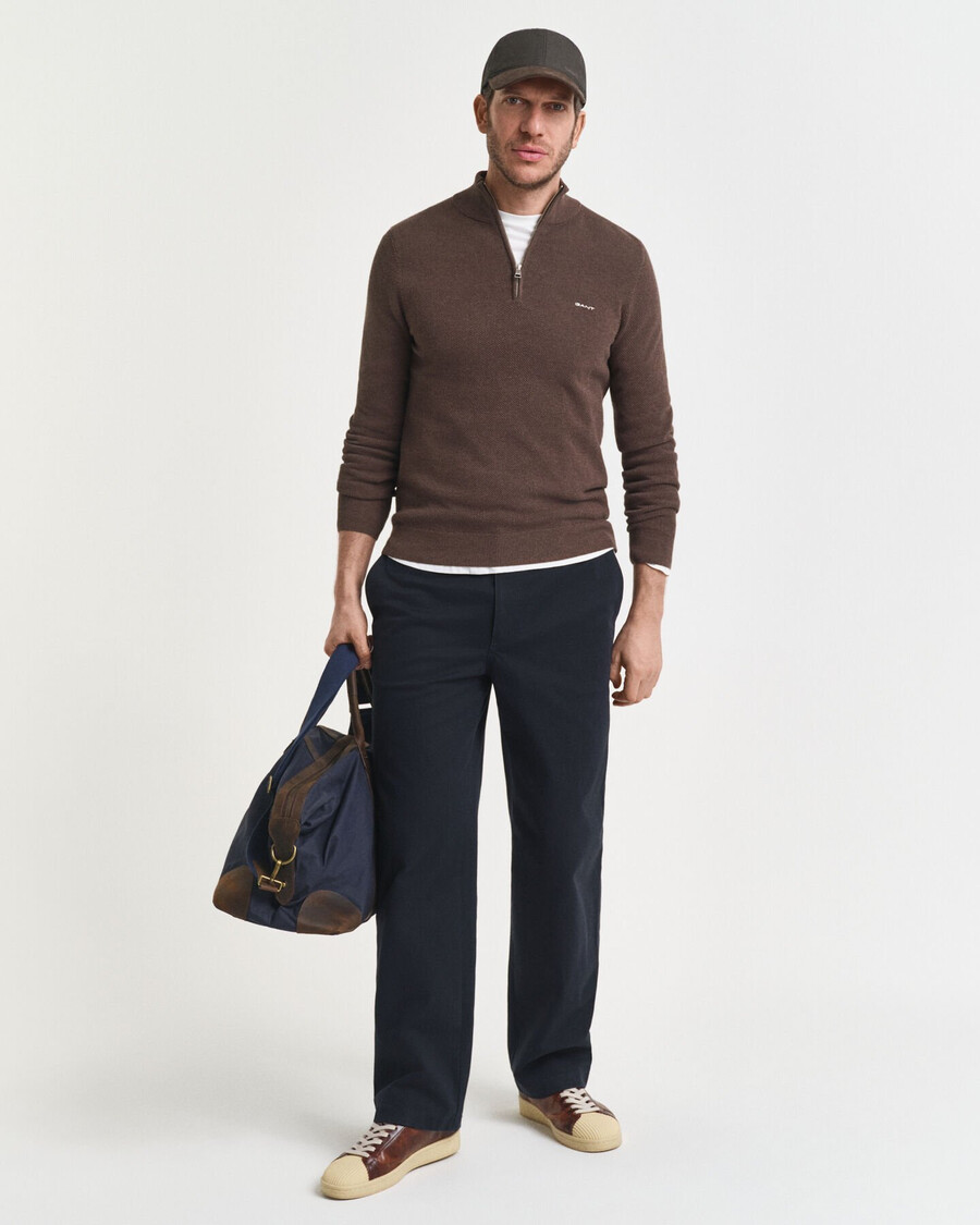 maglione in piqué di cotone con mezza zip - marrone melange