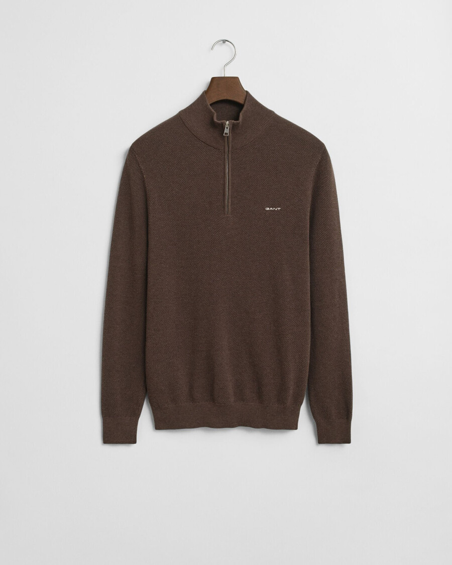 maglione in piqué di cotone con mezza zip - marrone melange