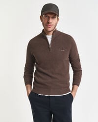maglione in piqué di cotone con mezza zip - marrone melange