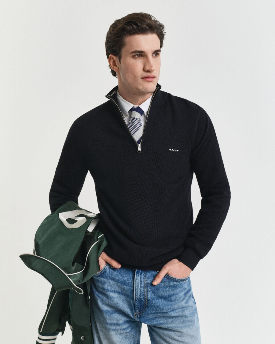 maglione in piqué di cotone con mezza zip - nero