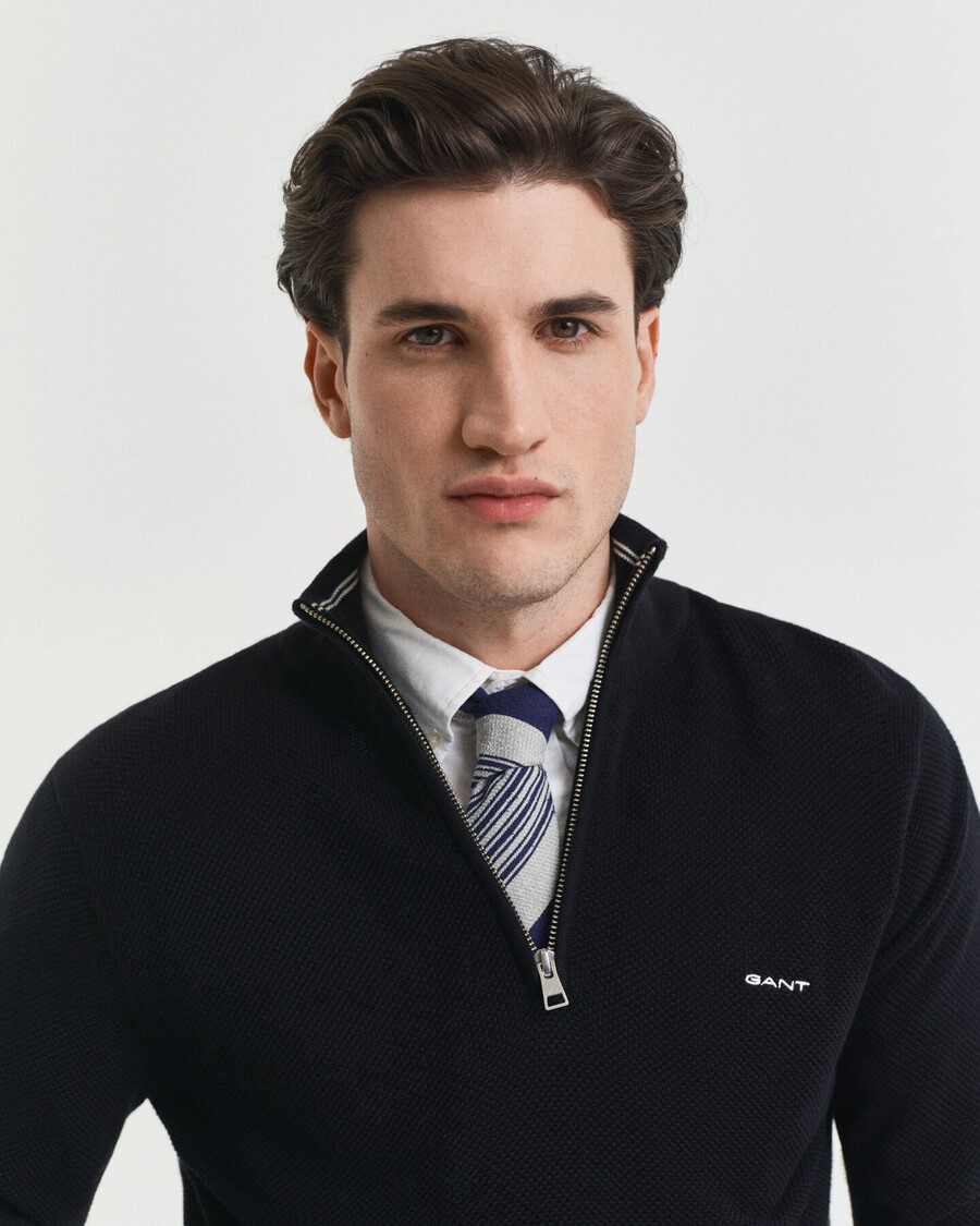 maglione in piqué di cotone con mezza zip - nero
