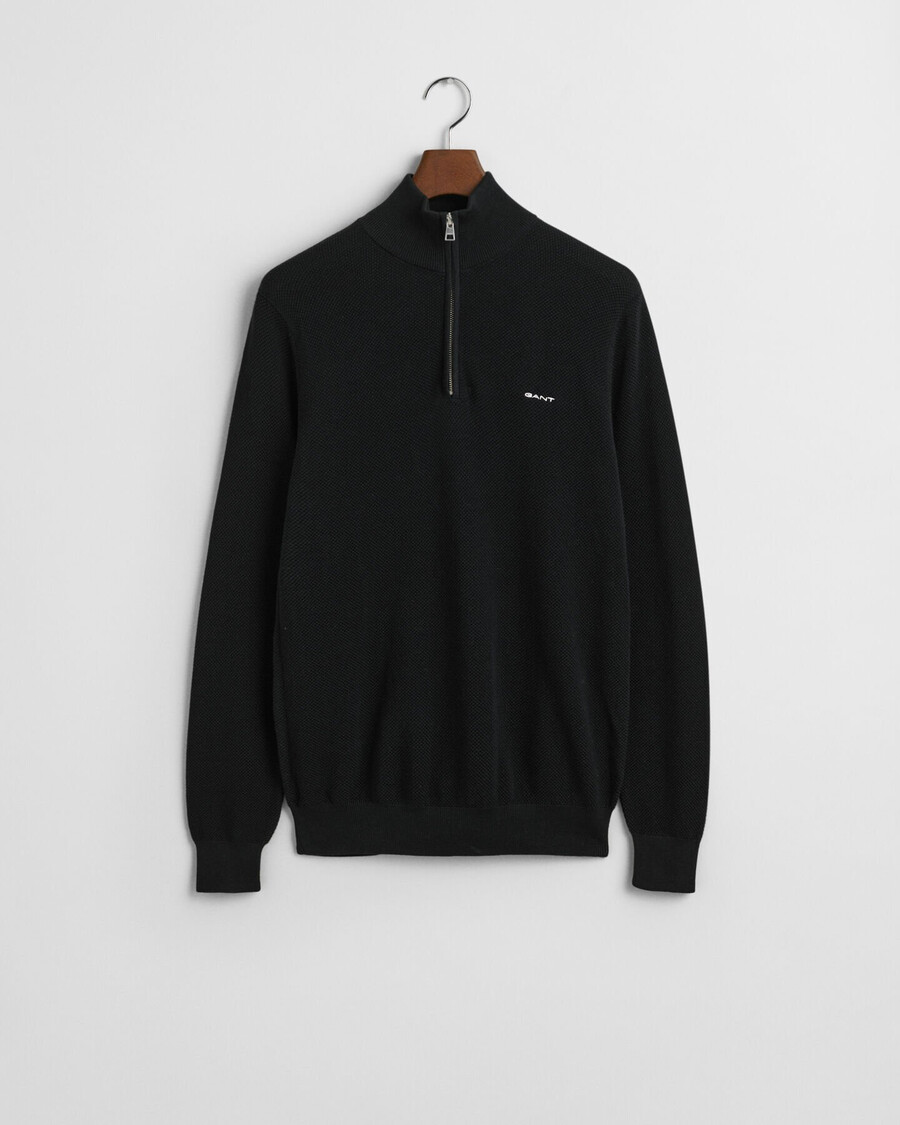 maglione in piqué di cotone con mezza zip - nero
