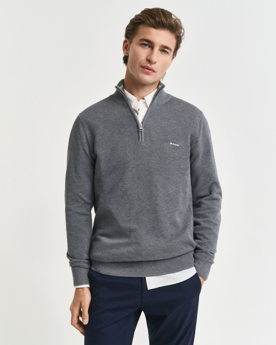 maglione in piqué di cotone con mezza zip - grigio scuro melange