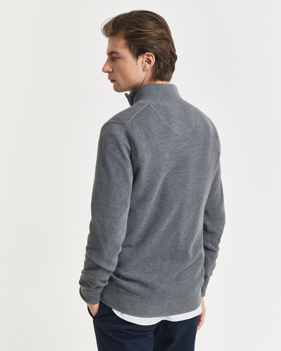 maglione in piqué di cotone con mezza zip - grigio scuro melange