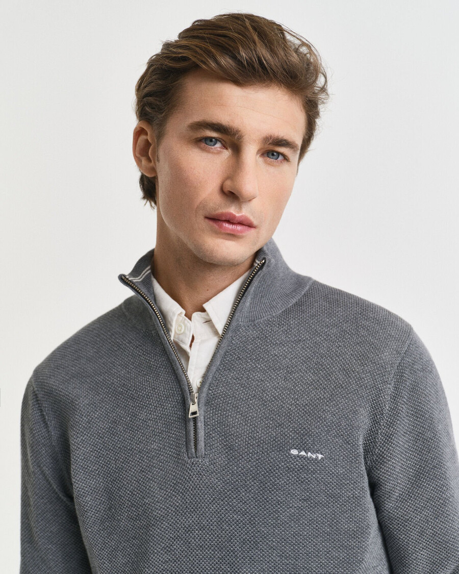 maglione in piqué di cotone con mezza zip - grigio scuro melange