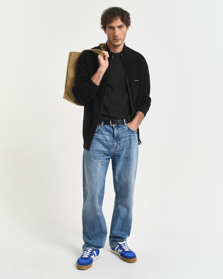 cardigan con zip in piqué di cotone - nero