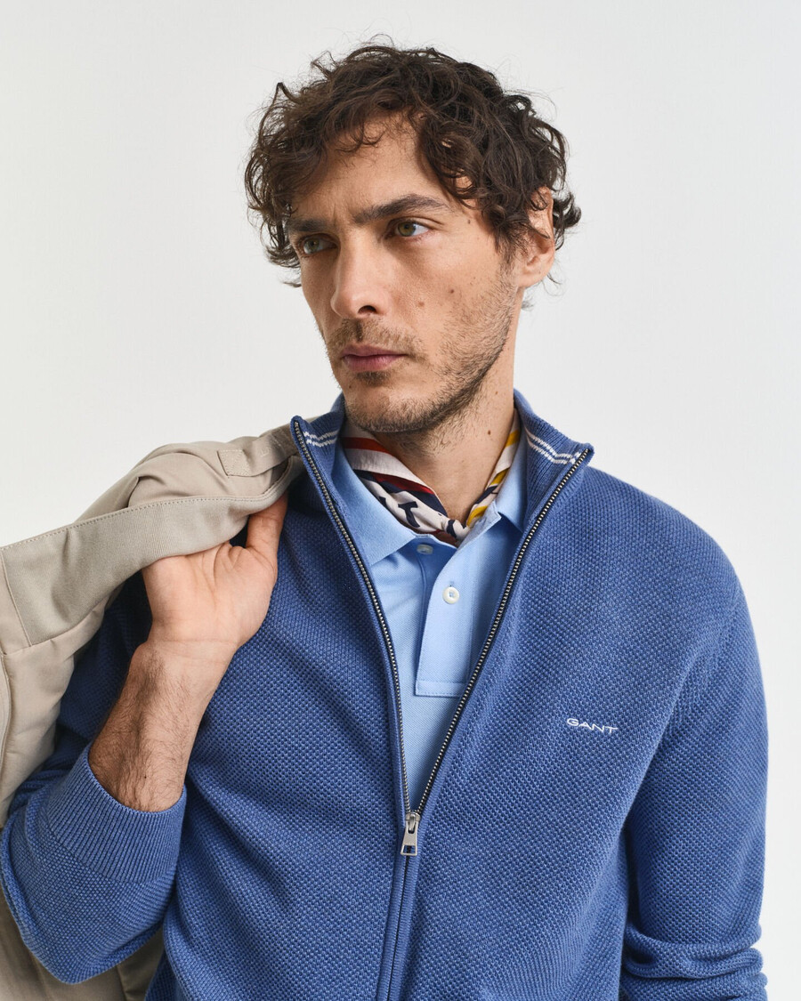 cardigan con zip in piqué di cotone - denim blue melange