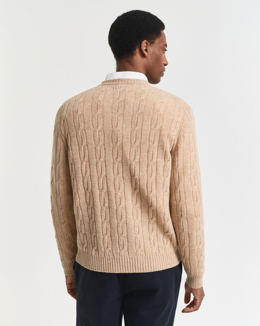 maglione girocollo in lana dagnello con lavorazione a trecce - cachi mélange